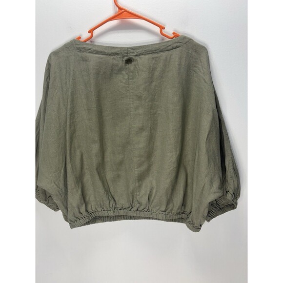 Kendal + Kylie Cropped Top Womens Linen Blend Green Balloon Lagenlook Boho Sz M - Picture 8 of 13